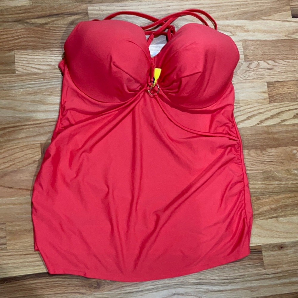 NWT Swim by Cacique Lane Bryant 44DDD Coral Tankini Top with Gold Accents